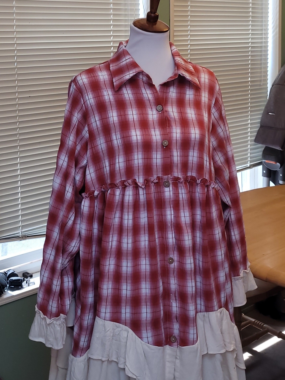 Mello Red Plaid Button-Up Tunic with Cream Ruffle Hem NWOT
